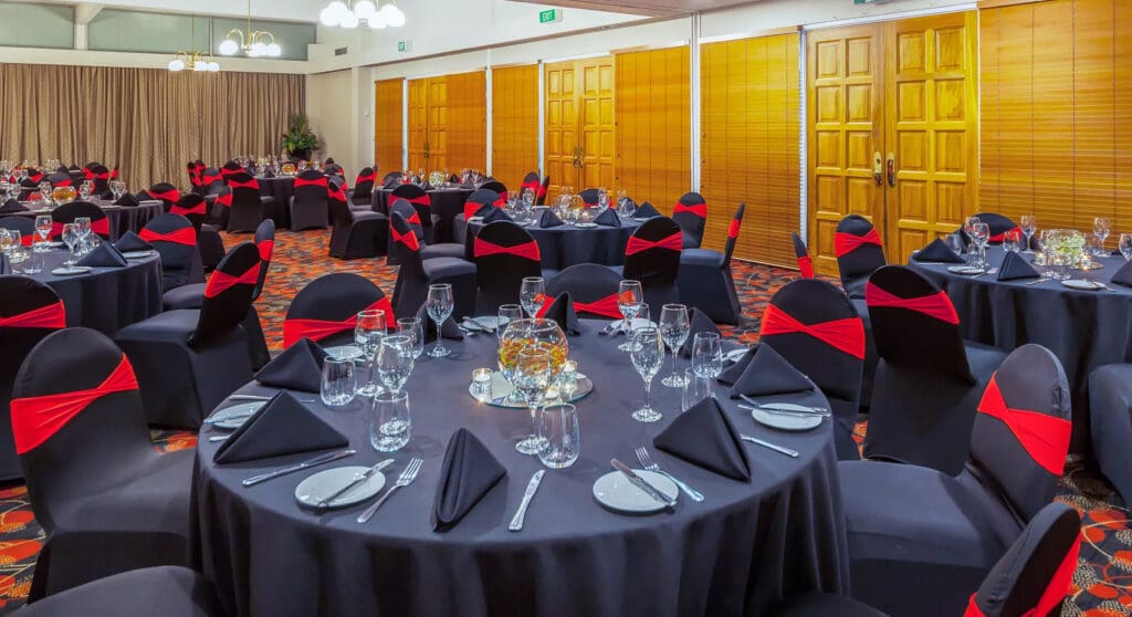 Elegant banquet room with decorated tables